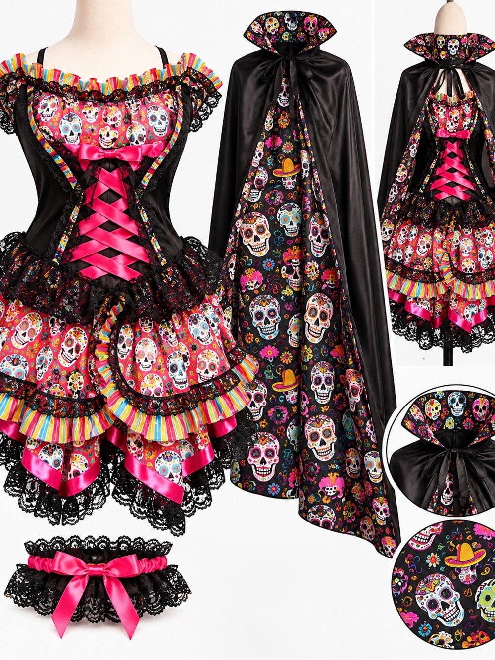 Day of the Dead Girls' Sugar Skull Costume with Cape - Black & Hot Pink